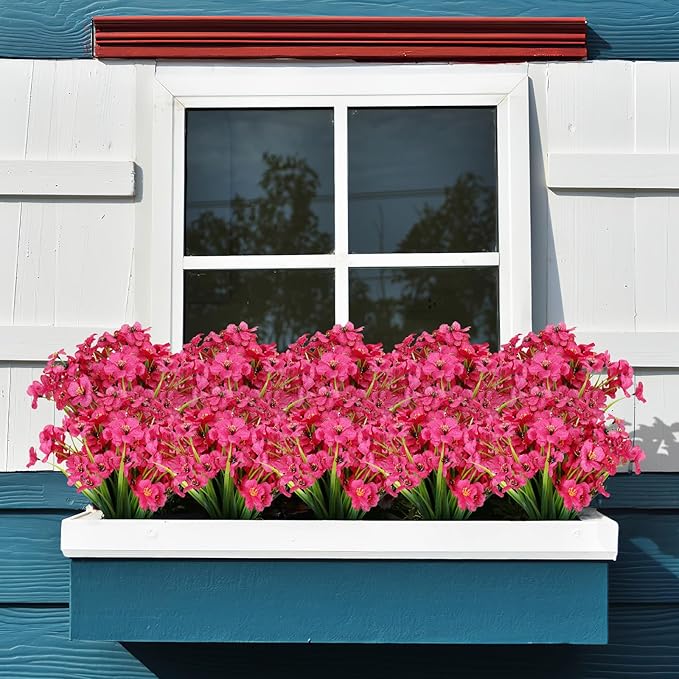 24 Bundles Artificial Flowers for Outdoor,No Fade Fake Plastic Flowers Faux Plants for Decoration Hanging Planters Indoor Outside Garden Porch Window Box Home Wedding Farmhouse