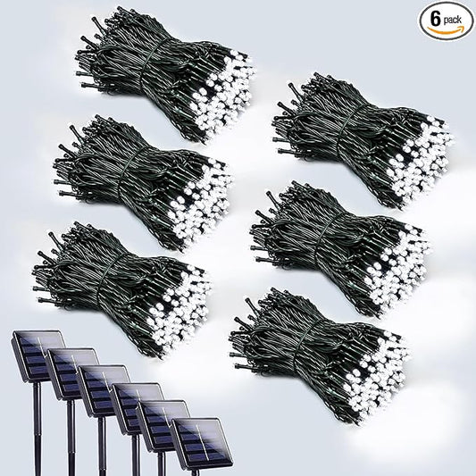 6 Pack 600 LED Solar String Lights for Outside, Solar Christmas Lights Outdoor Waterproof, Green Wire Twinkle Light with 8 Lighting Modes for Xmas Tree Wedding Party Garden Decorations (Cool White)