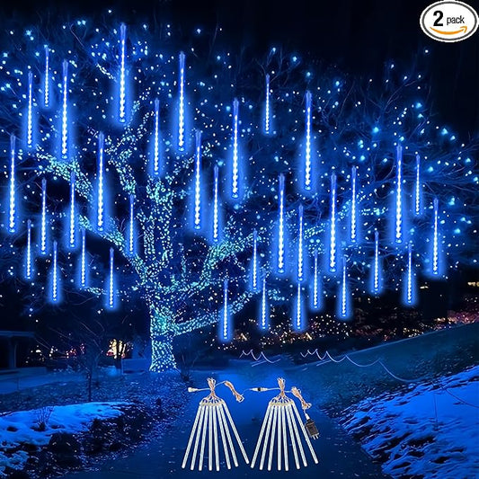 EXF 2-Pack Christmas Decorations Light Outdoor, Meteor Shower Lights 16 Tubes 384 LEDs Indoor Outdoor Rain Drop String Lights for Xmas Tree Roof (Blue)