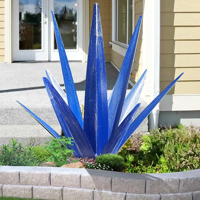 Large Tequila Rustic Sculpture, Rustic Metal Agave Plants for Outdoor Patio Yard, Home Decor Hand Painted Metal Agave Garden Yard Statue, Outdoor Lawn Ornaments Yard Stakes (Dark Blue - M)