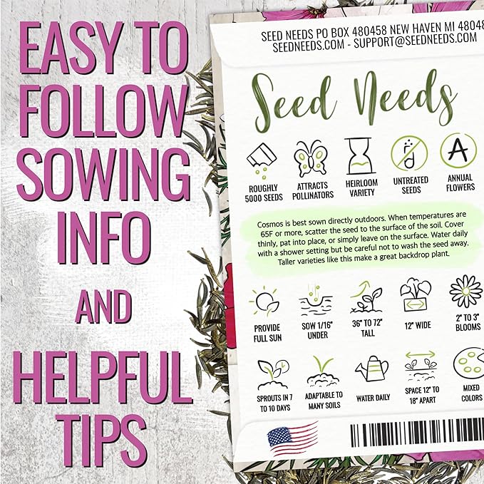 Seed Needs, 5,000+ Cosmos Seeds Sensation Blend Cosmos Seeds for Planting - Multicolored Heirloom & Open Pollinated Wildflowers to Grow a Butterfly Garden - Makes a Great Cut Flower - Bulk