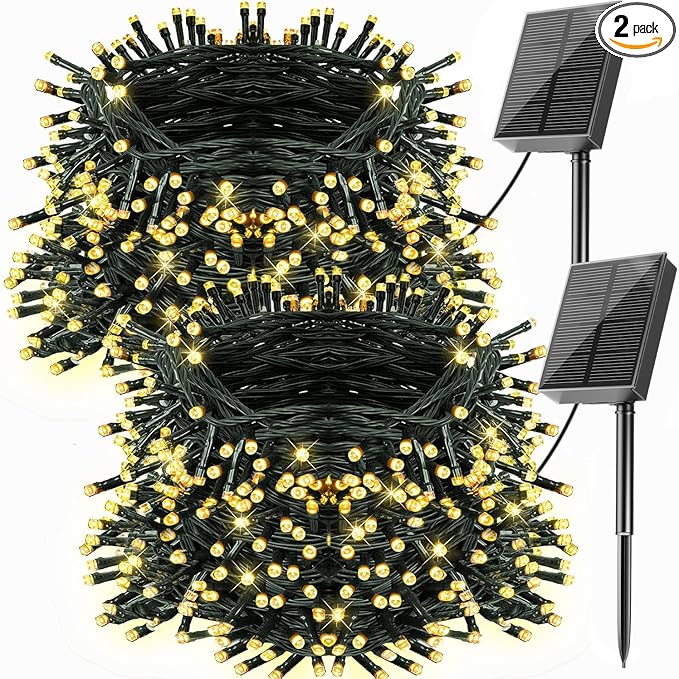 2 Pack Solar Christmas Lights Outdoor Waterproof, Total 400led 144ft Each 8 Modes Solar String Lights Solar Fairy Lights Decoration for Garden Yard Patio House Christmas Tree Xmas(Warm White)