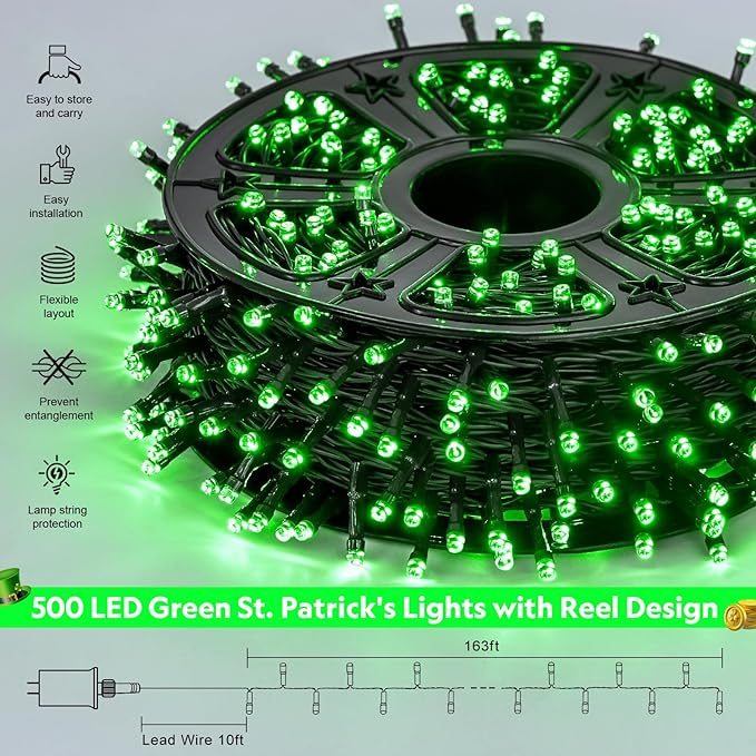 JMEXSUSS 500 LED Green St Patricks Day Lights, 8 Modes Christmas Lights Outdoor Plug in, 173ft Green String Lights for Christmas Party Xmas St Patricks Day Decorations