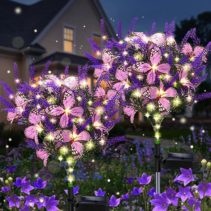 Solar Garden Lights Outdoor, 2 Pack Purple Lavender Solar Butterfly Lights Gardening Gifts for Women, Purple Solar Artificial Flower with Butterfly Purple Garden Decor for Lawn Patio-Warm White