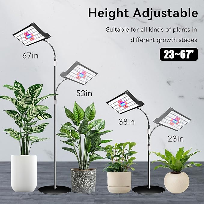 Grow Lights for Indoor Plants Full Spectrum Led Plant Grow Lights 3/9/12H Timer，10 Dimmable Levels， Adjustable Stand 23-67 inches， Flexible Gooseneck， Grow Lamp for Large and Small Plants with Stand