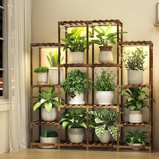 HOMKIRT 16 Tier Plant Stand with Four Headed Grow Lights, Plant Shelf with Grow Light, Wood Plant Stand Rack Flower Stand for Patio Porch Living Room