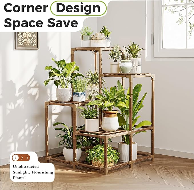 Bamworld Corner Plant Stand Indoor Outdoor Plant Shelf Small Plant Table for Multiple Plants Wooden Plant Holder for Garden Patio Lawn Window Plants Gift