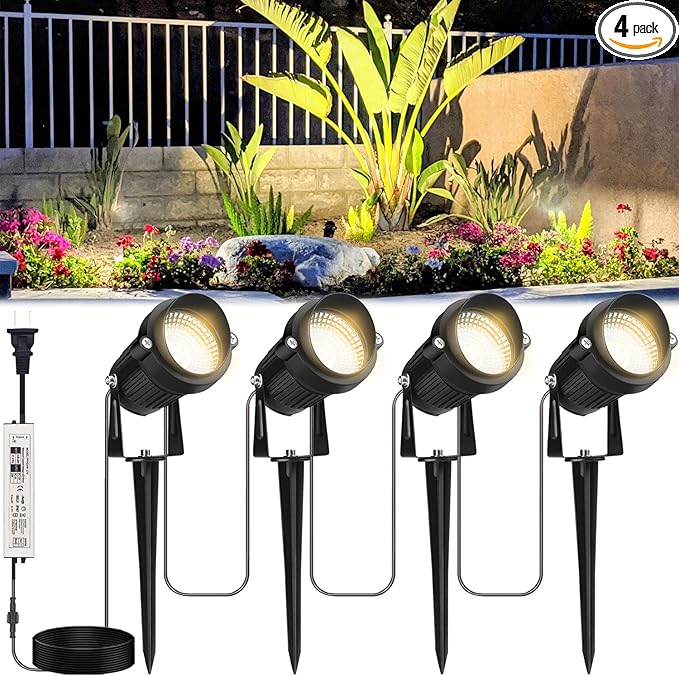 Outdoor Landscape Lighting, 24W 4 Pack Outdoor Spot Lights with Transformer for Yard, Plant, Lawn, Tree, Flags, House, Garden, Fence, 120V Low Voltage Landscape Lights, IP65 Waterproof