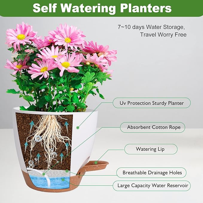 Plant Pots for Indoor Plants 5 Pack Self Watering Planters, 7/6.5/6/5.5/5 Inch Self Watering Pots with Drainage Hole Plastic Flower Pot for Herbs, Succulents, African Violet (White)