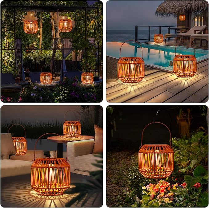 Solar Lanterns,Solar Boho Lanterns Outdoor Waterproof Wicker Lights for Outside Hanging Rattan Lights Outdoor Woven Lamp Decoration for Garden,Yard,Patio,Porch,Trees,Lawn,Pathway,2 Pack
