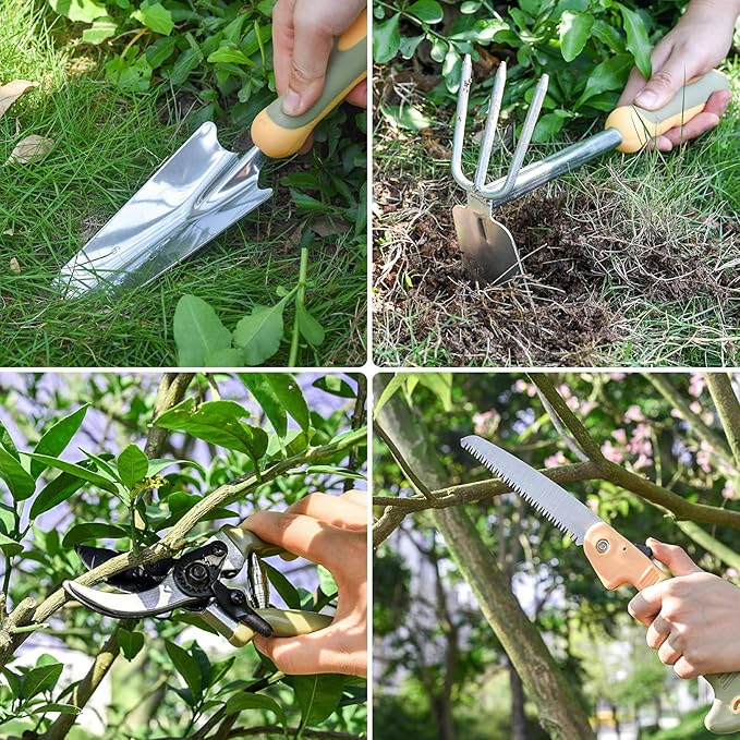 Garden Tool Set, WisaKey 9 Piece Stainless Steel Heavy Duty Gardening Tools with Handle, Durable Garden Tool Bag, Ideal Gardening Hand Tools, Gardening Gifts for Women and Men White Elephant Gifts