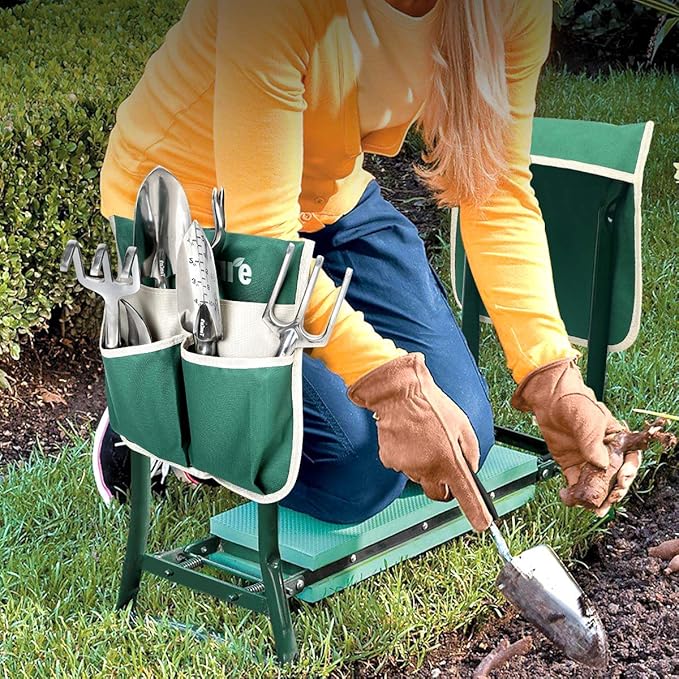 TomCare Upgraded Garden Kneeler Seat Widen Soft Kneeling Pad Garden Tools Stools Garden Bench with 2 Large Tool Pouches Outdoor Foldable Sturdy Gardening Tools for Gardeners, Green