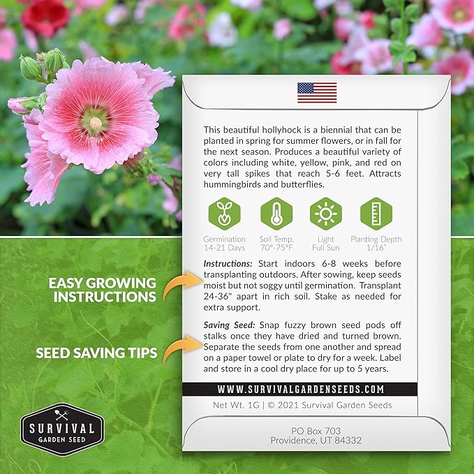 Survival Garden Seeds - Single Mixed Hollyhock Seed for Planting - 5 Packs with Instructions to Plant and Grow Colorful Spikes of Flowers in Your Home Vegetable Garden - Non-GMO Heirloom Variety