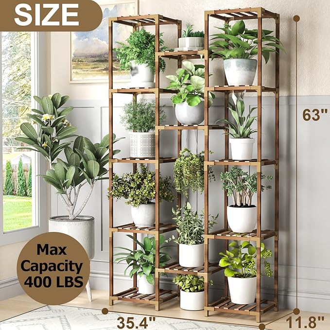 HOMKIRT Plant Stand with Grow Light for Indoor Plants, 13 Tier Large Outdoor Plant Shelf, 63" Tall Plant Rack Holder Flower Stand for Patio, Porch, Living Room Garden Plant Display Boho Decor