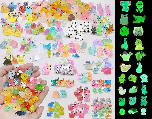 Luminous Tiny Resin Animals 300 Pcs Mini Animals Bulk Mini Resin Ducks Owls Tiny Frogs Pandas Small Rabbits Glow in The Dark for Miniature Garden Accessories Micro Landscape Aquarium Potted Decoration