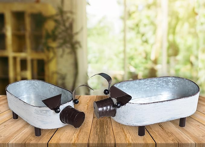 Galvanized Metal White Washed Farmhouse Pig Tray Distressed Pig Tabletop Centerpiece Décor Set of 2