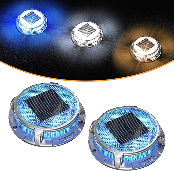 Quntis Solar Deck Lights Outdoor, 3 Color Modes Solar Driveway Lights IP68 Waterproof, Deck Light for Stair Pathway Walkway Pool Road (Blue/Cool White/Warm White) 2 Pack