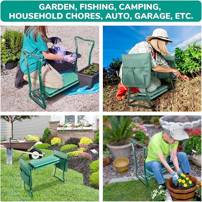 iPower Garden Kneeler and Seat Foldable Kneeling Bench with Sturdy Soft EVA Foam Pad for Outdoor, Fishing, Camping, 4 Tool Pouches Included, 2 Pack