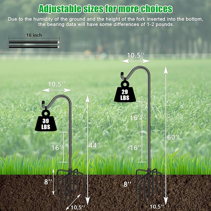 FEED GARDEN Shepards Hooks for Outdoor Bird Feeder Pole 60 Inch Adjustable Tall Heavy Duty Shepherds Hooks for Hanging Plant Baskets, Solar Lights, Wedding Decor, Lanterns, Black (2 Pack)