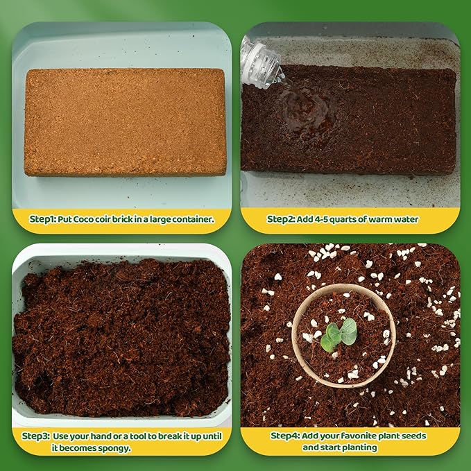Coco Coir Bricks for Plants 5.6LBS, All Natural Organic Compressed Coconut Coir Fiber, Easy to Expand, Low EC, pH Balanced, Ideal for Vegetables, Herbs, Flowering Plants (4 Pcs)