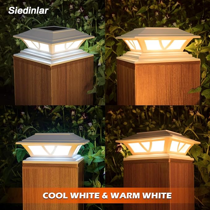 SIEDiNLAR Solar Post Lights Outdoor 2 Modes LED Fence Deck Cap Light for 4x4 5x5 6x6 Posts Garden Patio Decoration Warm White/Cool White Lighting White (8 Pack)