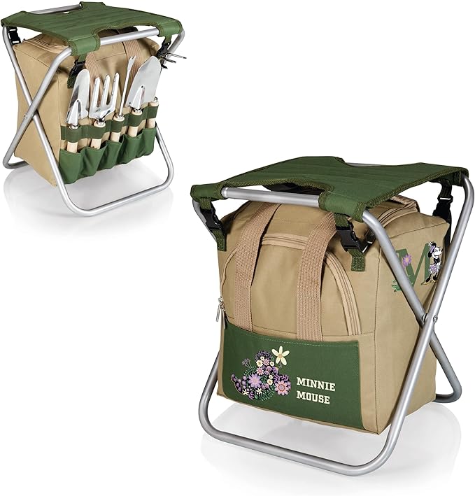 PICNIC TIME Disney Minnie Mouse Gardener Folding Seat with Tools, Folding Garden Stool with Detachable Storage Tote Bag, Portable Folding Chair Seat with GardenTools Set Organizer, (White)