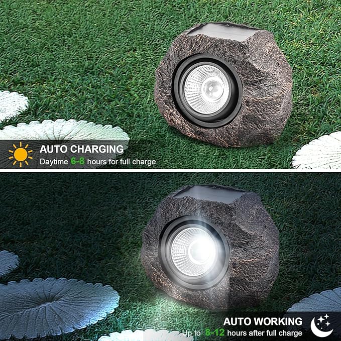 Solar Rock Lights, 2 Pack Outdoor Decorative Garden Spotlights for Pathway, Walkway, Yard, Landscape, Patio (Dark Brown)
