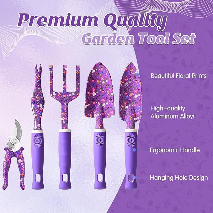 Gardening Gifts for Women, Gardening Tools for Women, 14 PCS Garden Tools Set Kit with Garden Tool Bag, Plant Lover Gifts Birthday Gifts for Mom Grandma Aunt (Purple)