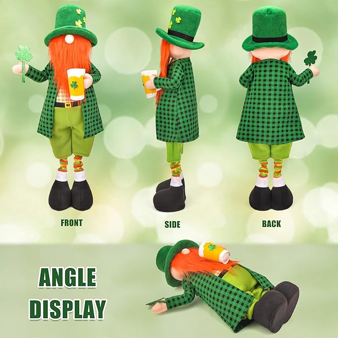 Large St Patricks Day Gnome Plush Decorations Outdoor, Cute Standing Saint Patricks Day Gnomes Gift Decor with Retractable Spring Legs, Placed Outside Yard/Porch/Garden/Indoor/Home/Office