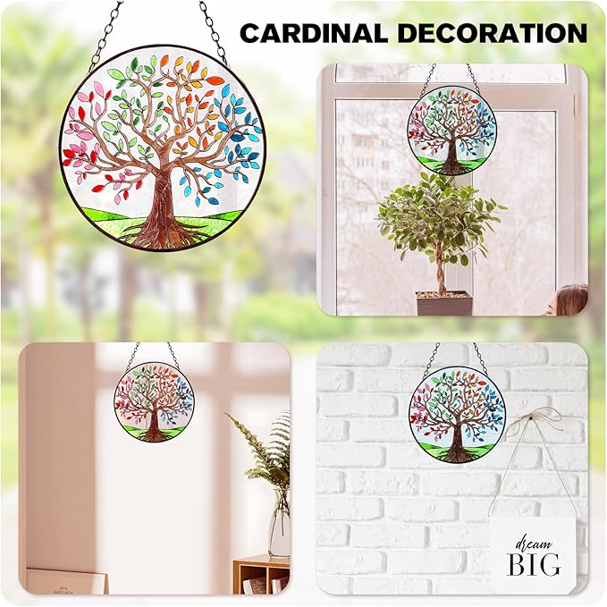 Tree of Life Suncatchers Stained Glass Window Hangings Ornaments, 6.3''* 6.3'' Hand-Painted Vibrant Color Family Tree Sun Catcher Memorial Gifts for Women,Christmas Decor Gifts