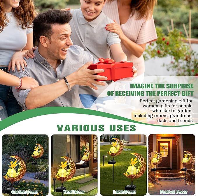 YJFWAL 2 Pack Garden Solar Lights Pathway Stake Lights Moon Fairy Glass Globe with Angel Decor, Outdoor Decorative Lights Waterproof for Walkway, Yard, Patio Decor(Warm White)