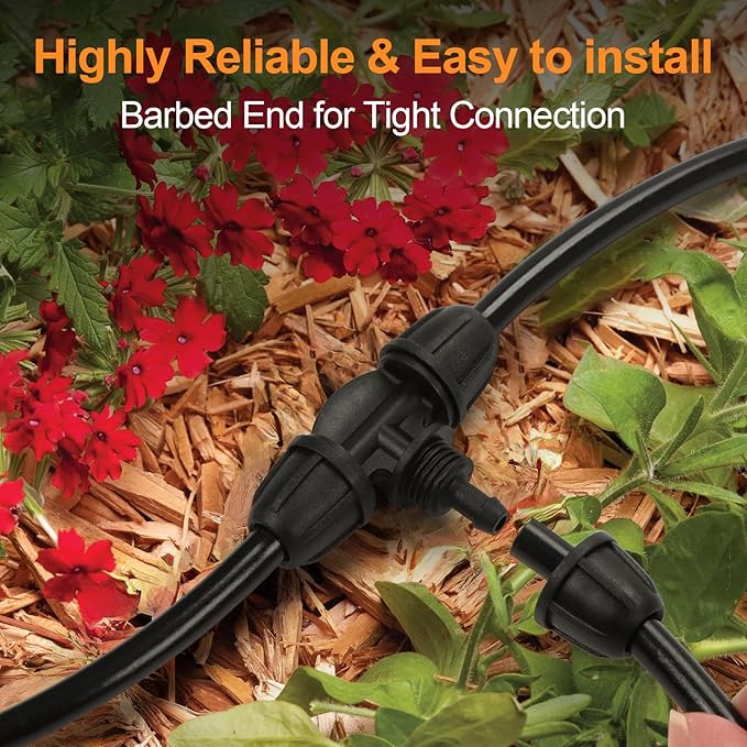 1/4 Inch Drip Irrigation Tee Fittings, 25 Pieces 1/4'' Drip Line Barbed Locked Tee Connectors for 1/4 Inch Irrigation Tubing Anti-leak 3-Way Irrigation Parts for Garden Drip Sprinkler Systems