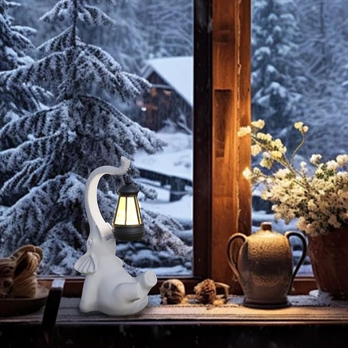 Statue Decoration, Figurine, Lawn Statue, Sculpture Ornament, Animal Figurine - Elephant Resin Statue with Lantern (Face Upward)