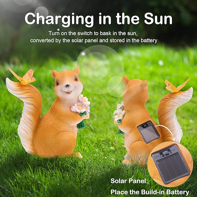 Attivolife Solar Squirrel Garden Statue Light, Outdoor Decor Figurines with Butterfly, Yard Patio Balcony Lawn Home Decor Sculpture Ornaments, Mother's Day Birthday Gift for Mom Grandma