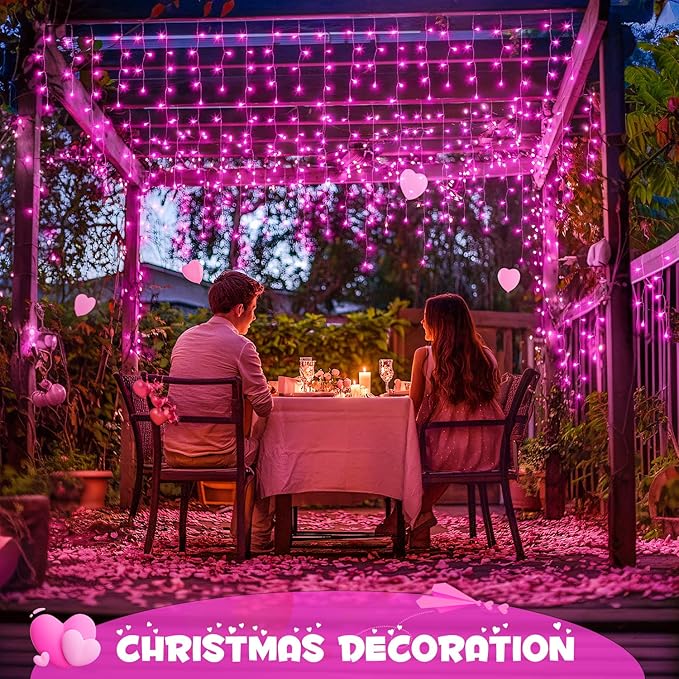 JMEXSUSS 400 LED Pink Valentine Lights, Connectable Pink Christmas Lights Indoor Outdoor with Remote, Pink Icicle String Lights for Room Fireplace Decorations