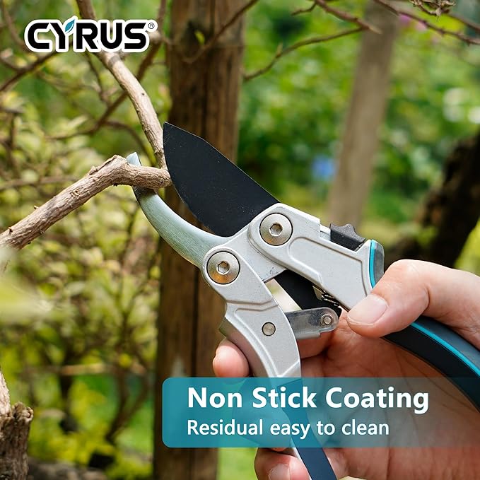 CYRUS Pruning Shears for Gardening 8" Pruners Trimming Scissors Ratchet Wheel Effortless Pruning Non Stick Coating Blade with Anti Slip Handle Scissors Widely Used for Gardening, Hydrology, Grow Tents