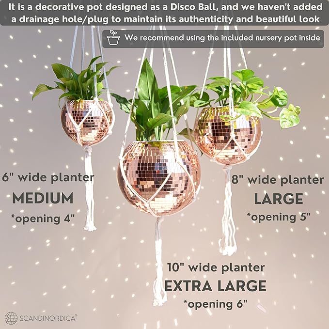 SCANDINORDICA Disco Ball Planter – Value Package: Mirror Disco Planter with Chain, Macrame Hanger and Acrylic Stand for Desk, Includes Self Watering Insert, Quirky Gifts | 6 inch Rose Gold