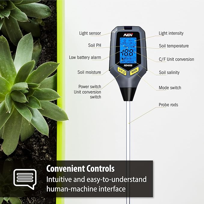 NDI Soil Moisture Meter,5-in-1 Soil Test Kit Tool with Moisture,Light,PH,Temperature and Salinity for Gardening, Farm, Lawn, Indoor & Outdoor Plants.