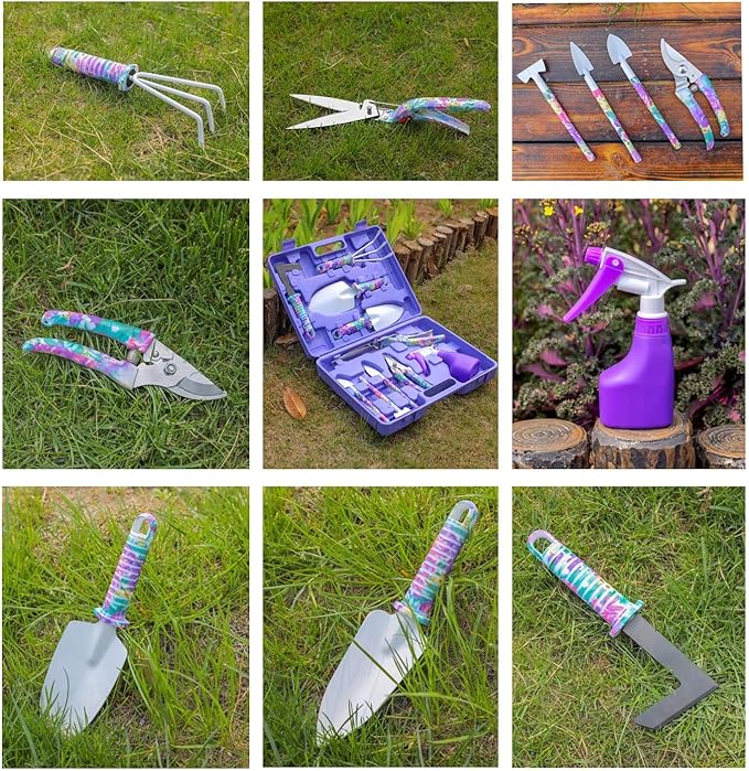 Gardening Tools Set, Unique Gardening Gifts for Women, Gardening Hand Tools with Purple Carrying Case, Gardening Kit for Home Gardening Flowers Potted Trim Loosing Planting Tools (10purple)