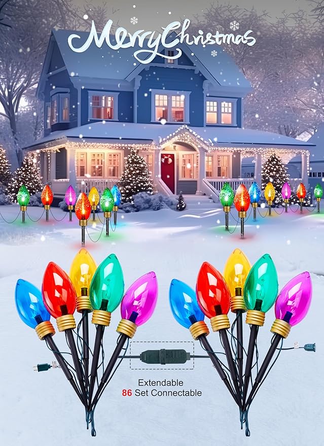 Minetom 2 Pack 11Feet 5 LED Super Jumbo Christmas String Lights or Pathway Marker Lights, Outdoor Xmas Decorations- Jumbo C9 Hanging Lights Waterproof Lawn Dec for Holiday Home Tree Roof Yard Garden