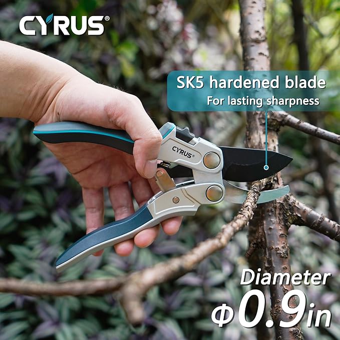 CYRUS Pruning Shears for Gardening 8" Pruners Trimming Scissors Ratchet Wheel Effortless Pruning Non Stick Coating Blade with Anti Slip Handle Scissors Widely Used for Gardening, Hydrology, Grow Tents