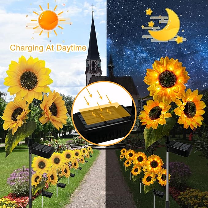 3 Pack Sunflower Solar Lights Outdoor Decor with 3 LED Sunflower Yellow Flower Lights Decorative Waterproof for Patio Lawn Garden Yard Pathway Decoration