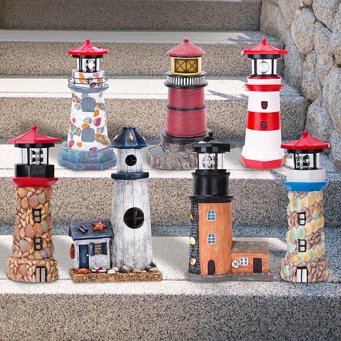 Solar Lighthouse with Rotating Beacon,11.1" Outdoor Garden Lighthouse Decor,Waterproof Statue Light House Lamp for Yard Lawn Patio Gifts