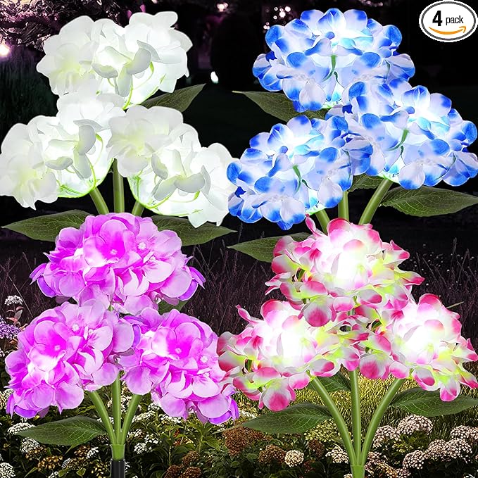 4 Pack Solar Garden Lights, Solar Flowers Lights with 4 Blooming Hydrangea Flowers, Waterproof Solar Lights Outdoor for Yard Porch Patio Backyard Pathway Gardening, 2 Lighting Modes, Colorful