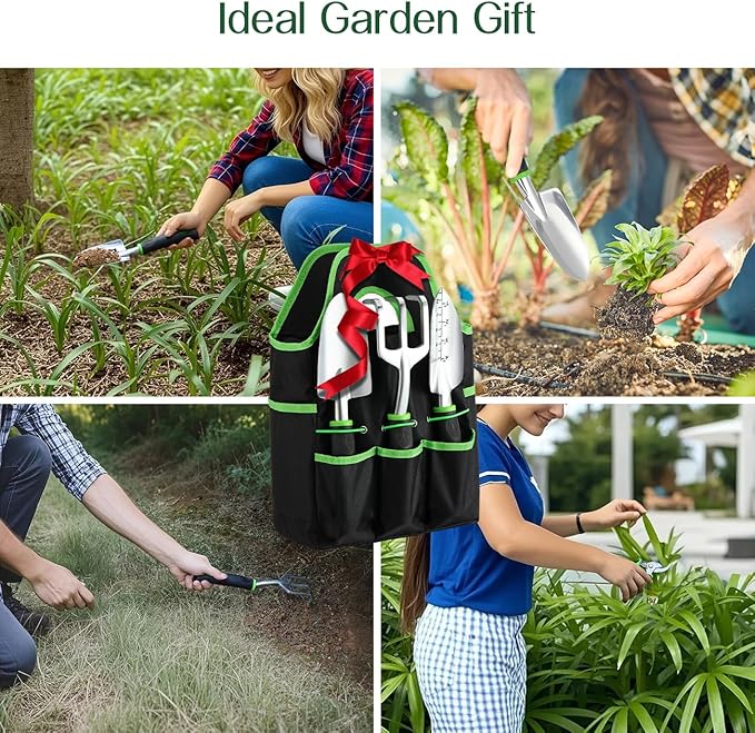 Gardening Tools Set, 8PCS Heavy Duty Garden Tools with Non-Slip Rubber Grip with Large Garden Bag for Tools Aluminum Alloy Hand Tools for Gardening,Gardening Gifts for Women and Men, Green