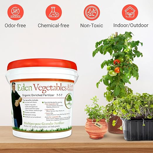 Eden Vegetables & Leafy Greens Organic Enriched Fertilizer - Neem Plant Food 7-7-7 Enriched Formula for Perfect Nitrogen, Phosphorous & Potassium Balance (5 lbs)