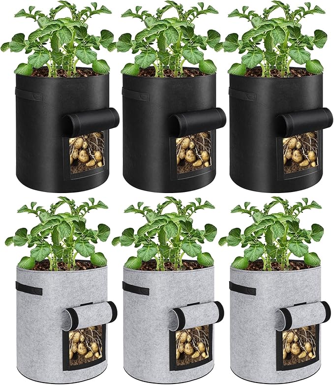6 Pack 10 Gallon Potato Grow Bags with Flap Window, Garden Planting Bag with Durable Handle, Plant Pots for Tomato, Vegetable and Fruits