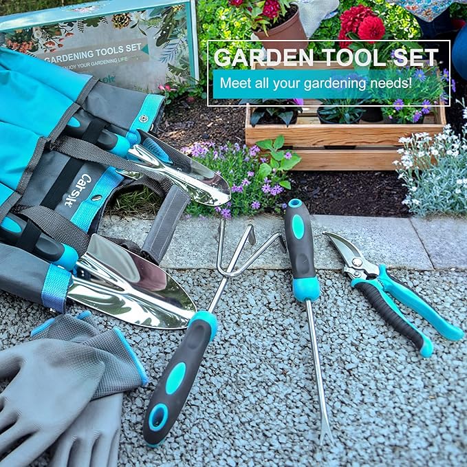 Gardening Tools, Carsolt 10 Piece Heavy Duty Stainless Steel Garden Tools Set with Ergonomic Rubber Handle. Variety of Gardening Hand Tools for Planting Gardening Kit with Gift Box Ideal Garden Gifts