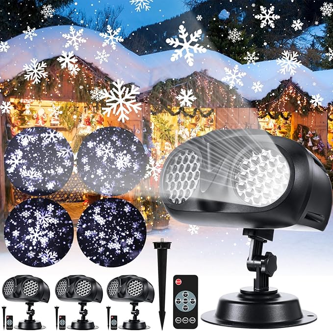 4 Pcs Christmas Snowflake Projector Lights Outdoor Waterproof Highlight Rotating LED Snow Lights with Remote Control for Xmas Holiday Party Garden Landscape Home Decoration