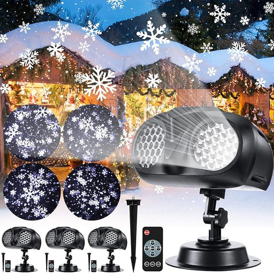 4 Pcs Christmas Snowflake Projector Lights Outdoor Waterproof Highlight Rotating LED Snow Lights with Remote Control for Xmas Holiday Party Garden Landscape Home Decoration